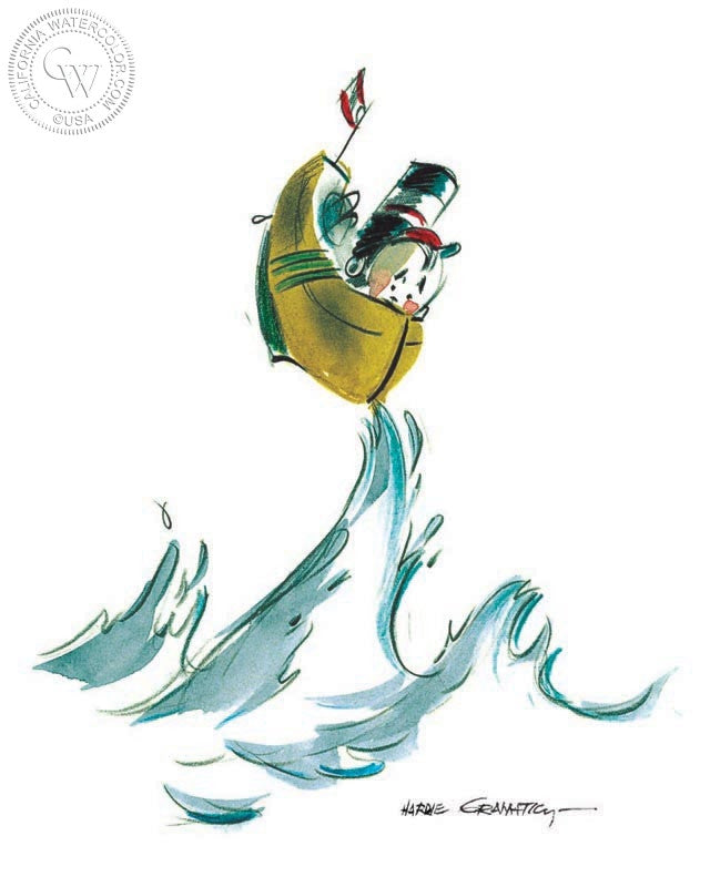 Little Toot on Top of Wave, 1939, watercolor painting by Hardie Gramatky  (American art). Fine art giclée print reproduction by California Watercolor for wall decor.