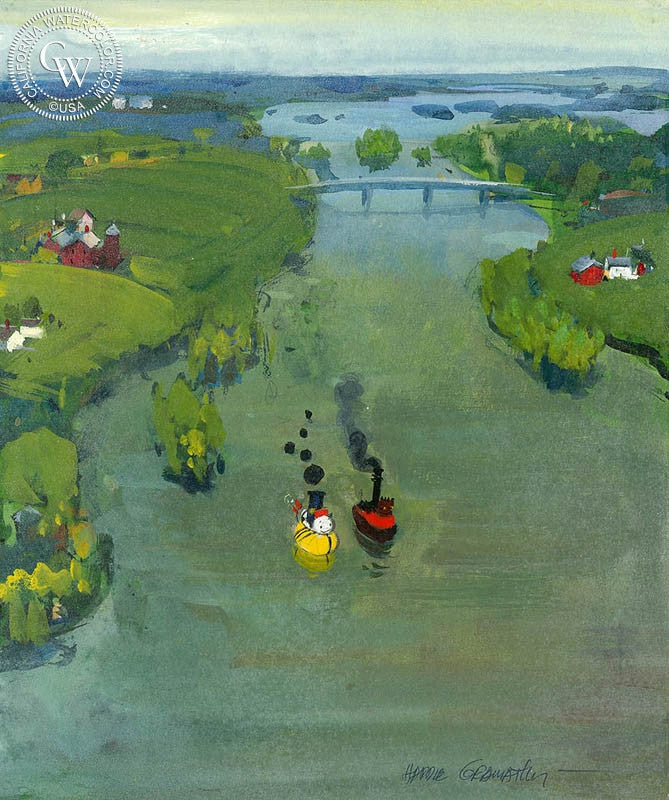 Little Toot and the Mississippi, 1973, watercolor painting by Hardie Gramatky  (American art). Fine art giclée print reproduction by California Watercolor for wall decor.