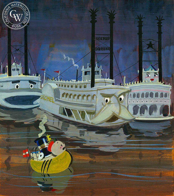 Little Toot on the Mississippi 2, 1973, watercolor painting by Hardie Gramatky  (American art). Fine art giclée print reproduction by California Watercolor for wall decor.