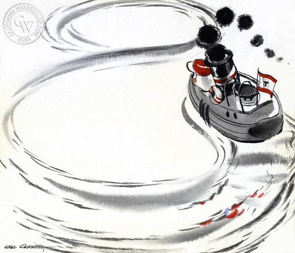 Little Toot's Figure 8 (Black and Red), 1939, California art by Hardie Gramatky. HD giclee art prints for sale at CaliforniaWatercolor.com - original California paintings, & premium giclee prints for sale
