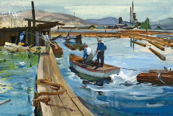 Log Rolling, 1945, California art by Hardie Gramatky. HD giclee art prints for sale at CaliforniaWatercolor.com - original California paintings, & premium giclee prints for sale