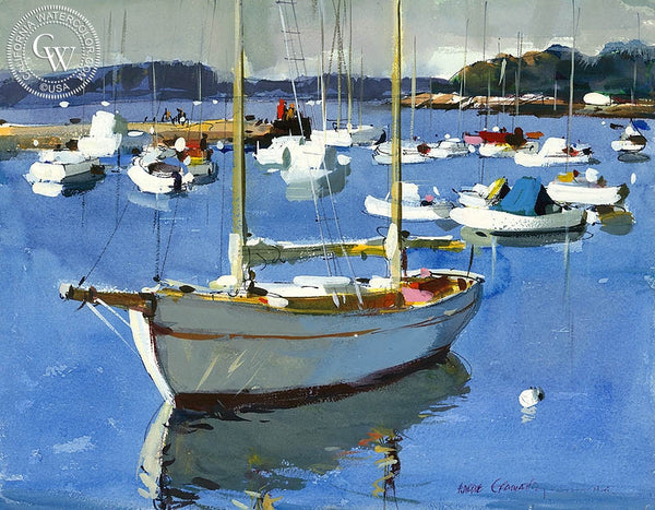 Minuteman Marina, (Westport), 1977, California art by Hardie Gramatky. HD giclee art prints for sale at CaliforniaWatercolor.com - original California paintings, & premium giclee prints for sale