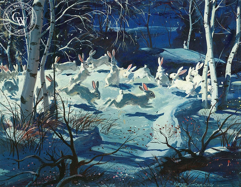 Moon Magic, (Westport), 1946, watercolor painting by Hardie Gramatky  (American art). Fine art giclée print reproduction by California Watercolor for wall decor.