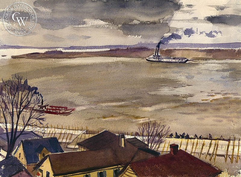 Muddy, Turbulent Mississippi, 1937, watercolor painting by Hardie Gramatky  (American art). Fine art giclée print reproduction by California Watercolor for wall decor.