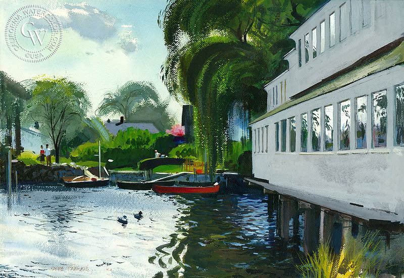 Old Mill Pond, (Westport), 1976, watercolor painting by Hardie Gramatky  (American art). Fine art giclée print reproduction by California Watercolor for wall decor.