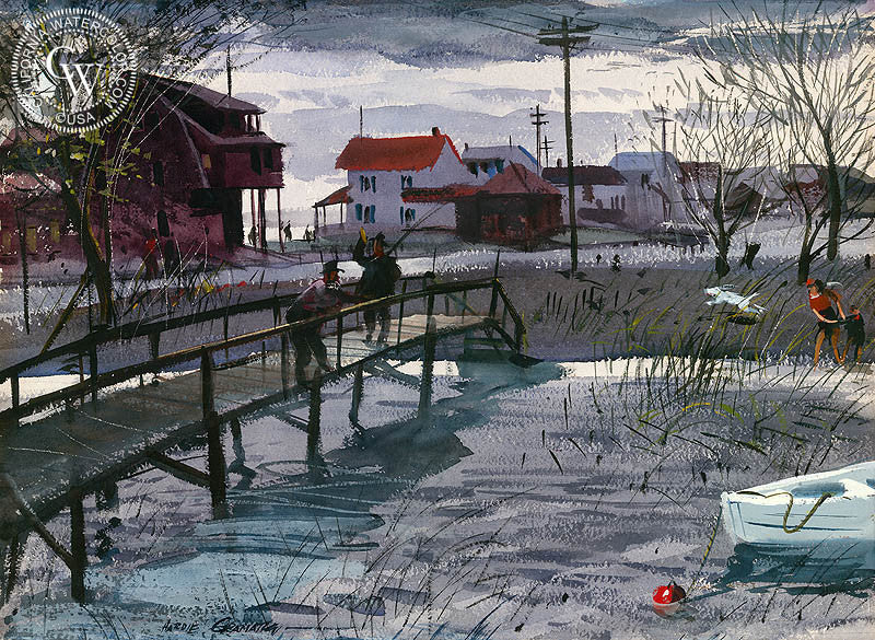 On the Sound, (Westport), 1937, watercolor painting by Hardie Gramatky  (American art). Fine art giclée print reproduction by California Watercolor for wall decor.