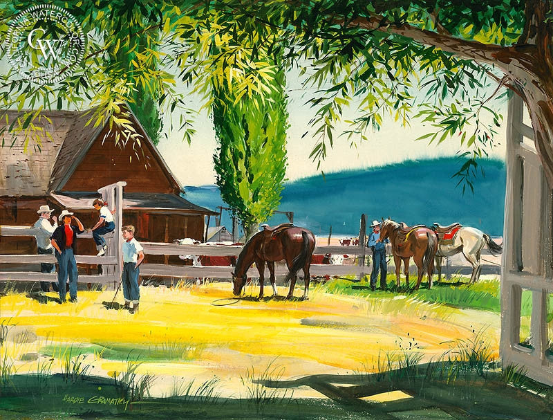 Oregon Ranch in Summer, 1951, watercolor painting by Hardie Gramatky  (American art). Fine art giclée print reproduction by California Watercolor for wall decor.
