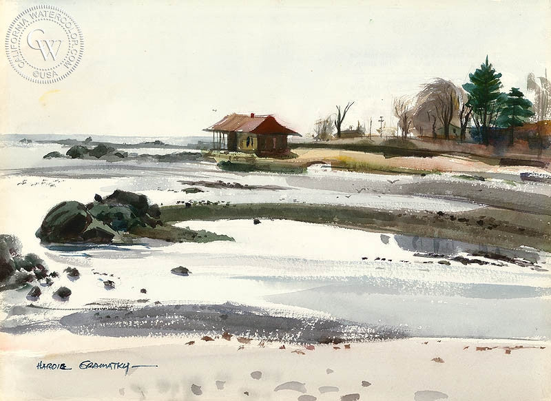 Schlaet Point, (Westport), 1948, watercolor painting by Hardie Gramatky  (American art). Fine art giclée print reproduction by California Watercolor for wall decor.