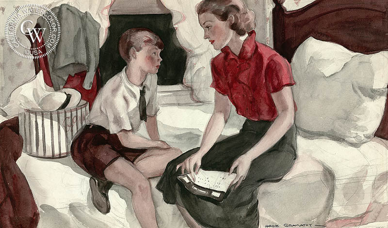 Serious Talk, 1936, watercolor painting by Hardie Gramatky  (American art). Fine art giclée print reproduction by California Watercolor for wall decor.
