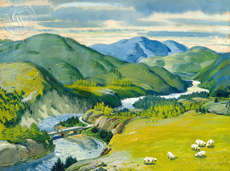 Spey River Valley, 1951, watercolor painting by Hardie Gramatky  (American art). Fine art giclée print reproduction by California Watercolor for wall decor.
