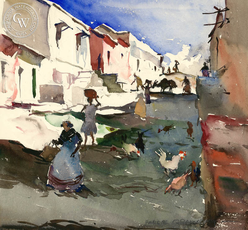 Street Scene in Mazatlan, 1929, watercolor painting by Hardie Gramatky  (American art). Fine art giclée print reproduction by California Watercolor for wall decor.