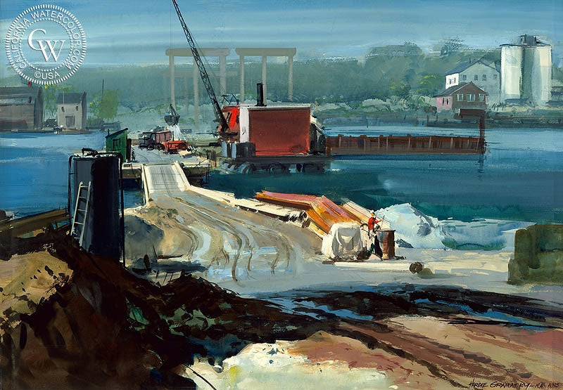 The Farther Shore, (Westport), 1956, watercolor painting by Hardie Gramatky  (American art). Fine art giclée print reproduction by California Watercolor for wall decor.