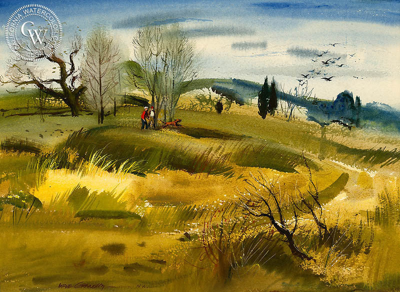 The Fields, 1954, watercolor painting by Hardie Gramatky  (American art). Fine art giclée print reproduction by California Watercolor for wall decor.