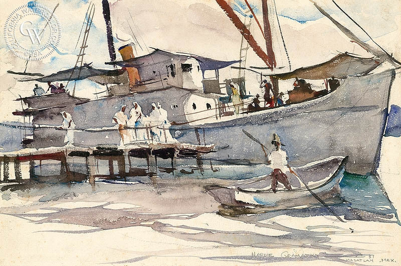 Tropical Steamer, Mazatlan, 1931, watercolor painting by Hardie Gramatky  (American art). Fine art giclée print reproduction by California Watercolor for wall decor.
