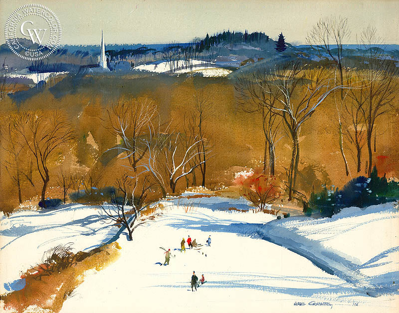 Turkey Hill, (Westport), 1961, watercolor painting by Hardie Gramatky  (American art). Fine art giclée print reproduction by California Watercolor for wall decor.