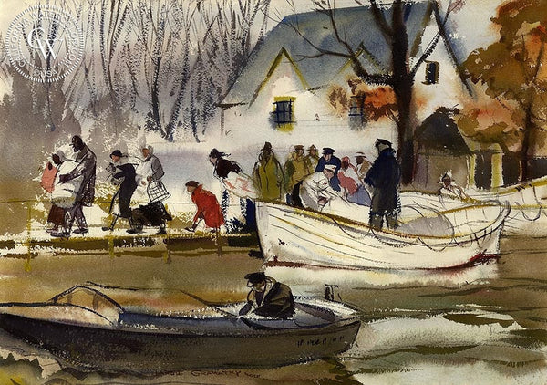 Unloading Refugees, 1937, California art by Hardie Gramatky. HD giclee art prints for sale at CaliforniaWatercolor.com - original California paintings, & premium giclee prints for sale