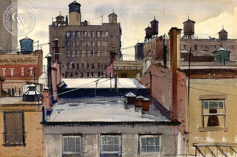 View from the Roof, N.Y., 1937, watercolor painting by Hardie Gramatky  (American art). Fine art giclée print reproduction by California Watercolor for wall decor.
