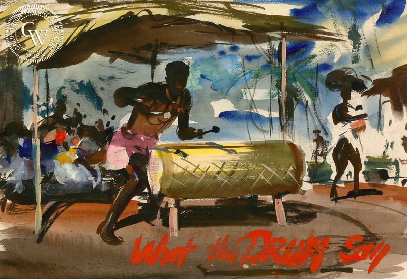 What the Drums Say, 1946, watercolor painting by Hardie Gramatky  (American art). Fine art giclée print reproduction by California Watercolor for wall decor.