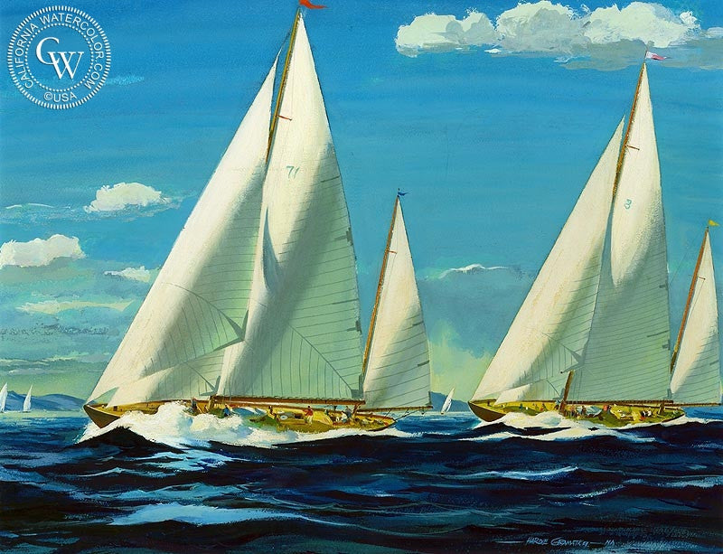 Yacht Race, 1945, watercolor painting by Hardie Gramatky  (American art). Fine art giclée print reproduction by California Watercolor for wall decor.
