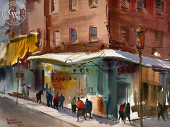 Chinatown Street Corner, California art by Harold Gretzner. HD giclee art prints for sale at CaliforniaWatercolor.com - original California paintings, & premium giclee prints for sale