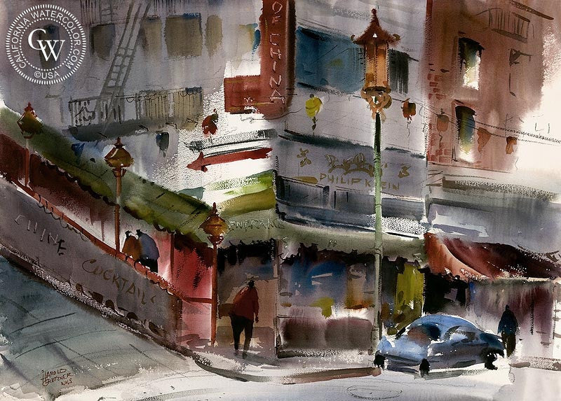 Chinatown, watercolor painting by Harold Gretzner  (American art). Fine art giclée print reproduction by California Watercolor for wall decor.