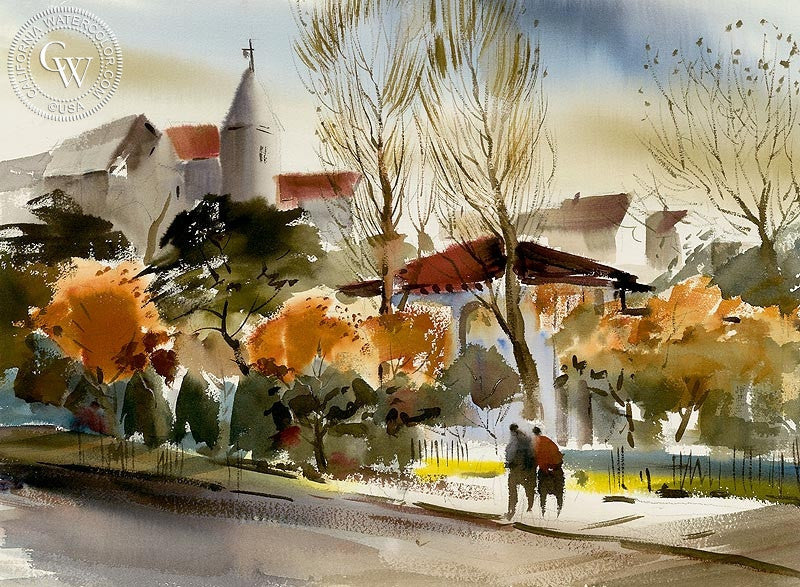 Fall Scene, watercolor painting by Harold Gretzner  (American art). Fine art giclée print reproduction by California Watercolor for wall decor.