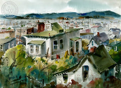 House with Green Roof, c. 1950's, California art by Harold Gretzner. HD giclee art prints for sale at CaliforniaWatercolor.com - original California paintings, & premium giclee prints for sale