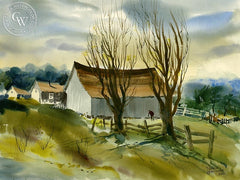 Three Barns, c. 1950's, California art by Harold Gretzner. HD giclee art prints for sale at CaliforniaWatercolor.com - original California paintings, & premium giclee prints for sale