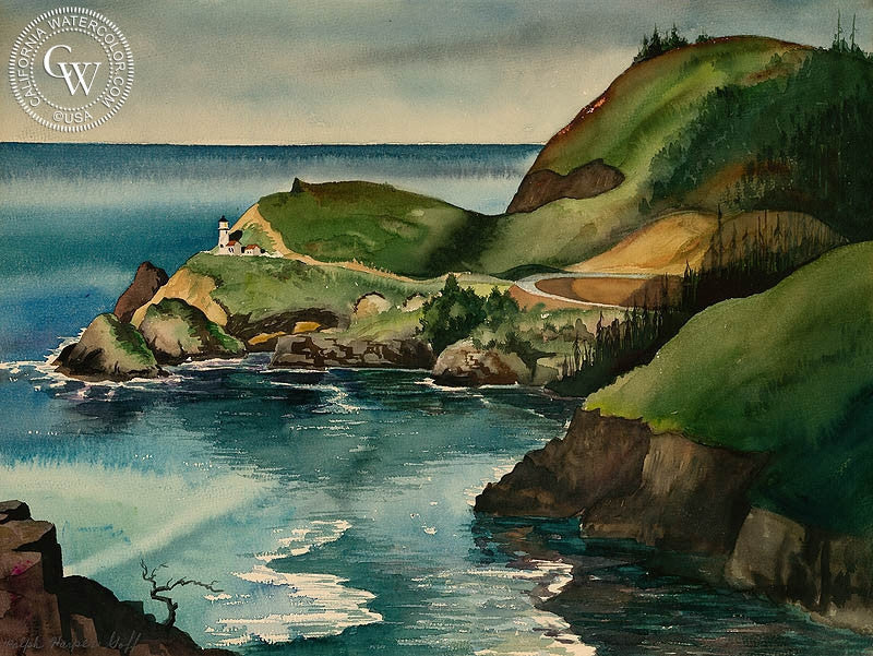 Cape Blanco Lighthouse, 1934, watercolor painting by Harper Goff  (American art). Fine art giclée print reproduction by California Watercolor for wall decor.