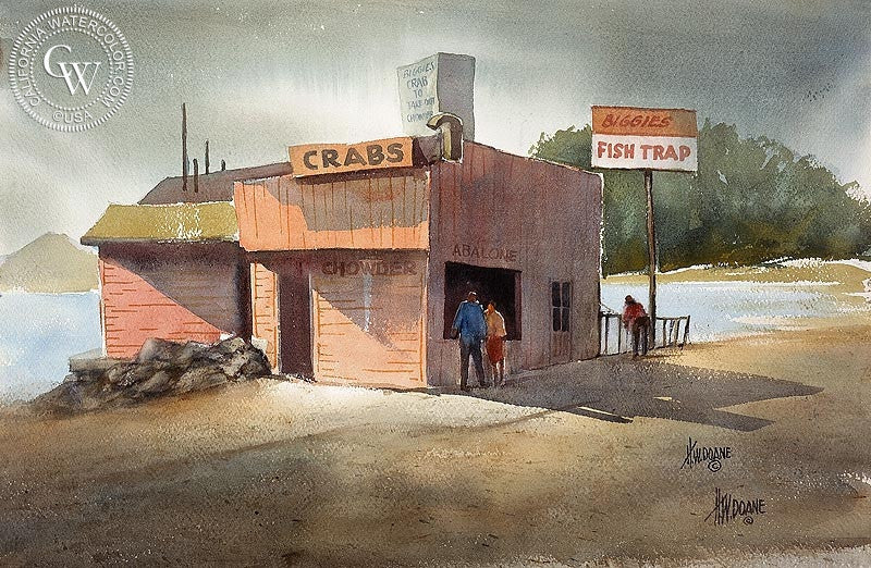 Biggie's Fish Trap, 1950, watercolor painting by Henry Doane  (American art). Fine art giclée print reproduction by California Watercolor for wall decor.