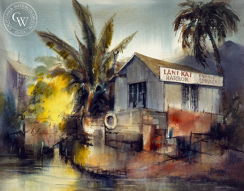 Lani Kai Harbor, watercolor painting by Henry Doane  (American art). Fine art giclée print reproduction by California Watercolor for wall decor.