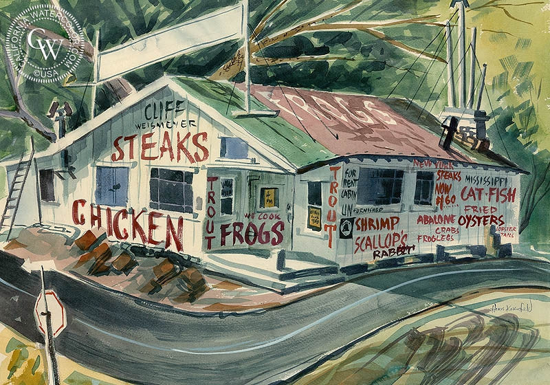 We Cook Frogs, watercolor painting by Herbert L. Kornfeld  (American art). Fine art giclée print reproduction by California Watercolor for wall decor.
