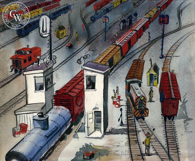 Trains, watercolor painting by Herbert L. Kornfeld  (American art). Fine art giclée print reproduction by California Watercolor for wall decor.