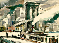 Brooklyn Bridge, 1941, California art by Hubert Buel. HD giclee art prints for sale at CaliforniaWatercolor.com - original California paintings, & premium giclee prints for sale
