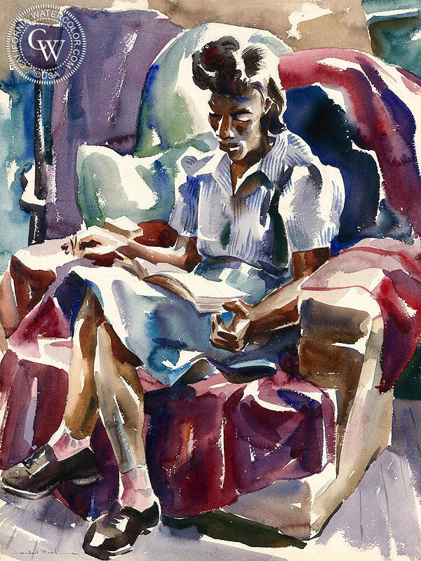 Homework, 1941, watercolor painting by Hubert Buel  (American art). Fine art giclée print reproduction by California Watercolor for wall decor.