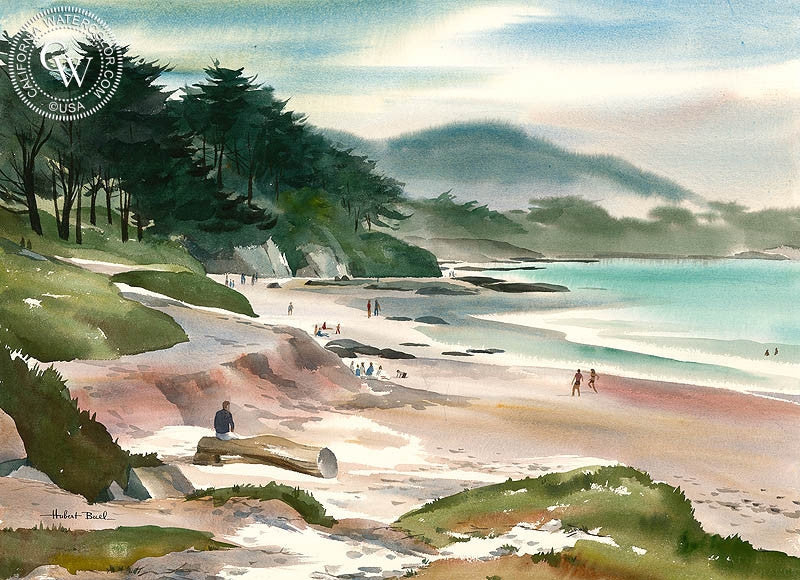 Northern California Beach Scene, watercolor painting by Hubert Buel  (American art). Fine art giclée print reproduction by California Watercolor for wall decor.