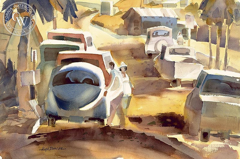 Cars, watercolor painting by Hugh Duncan  (American art). Fine art giclée print reproduction by California Watercolor for wall decor.