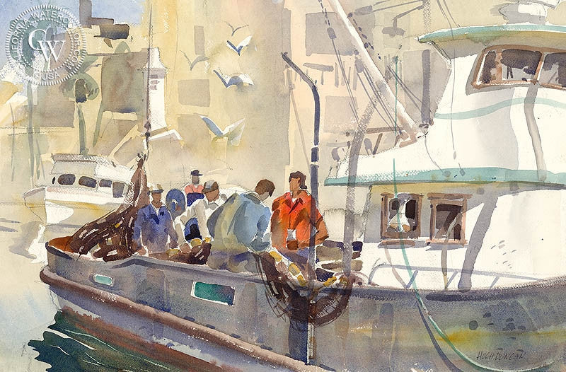 Fishermen, watercolor painting by Hugh Duncan  (American art). Fine art giclée print reproduction by California Watercolor for wall decor.