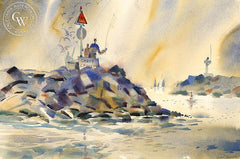 Rock Fishing, Corona del Mar, California art by Hugh Duncan. HD giclee art prints for sale at CaliforniaWatercolor.com - original California paintings, & premium giclee prints for sale