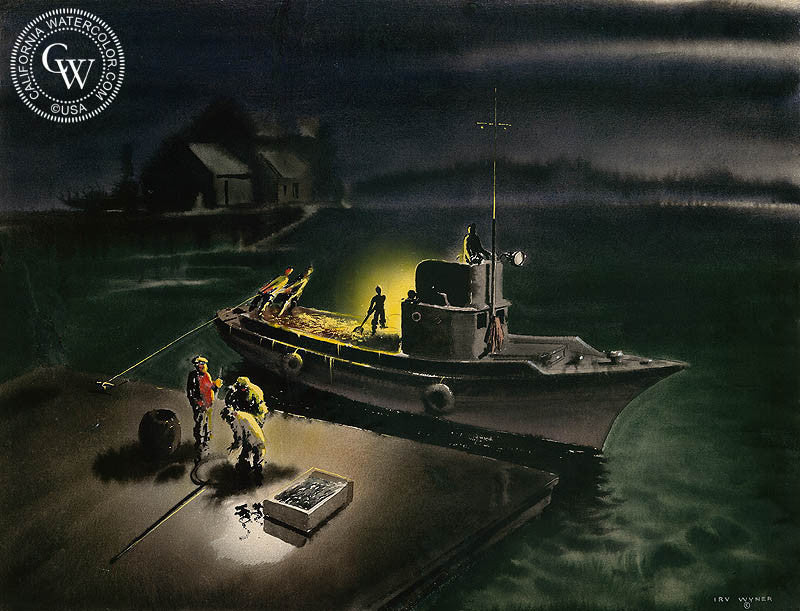 Bait Boat, c. 1930s, watercolor painting by Irv Wyner  (American art). Fine art giclée print reproduction by California Watercolor for wall decor.