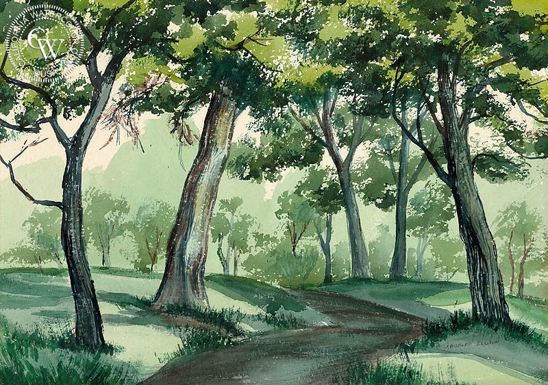 Shadows on the Path, watercolor painting by J. Milford Ellison  (American art). Fine art giclée print reproduction by California Watercolor for wall decor.