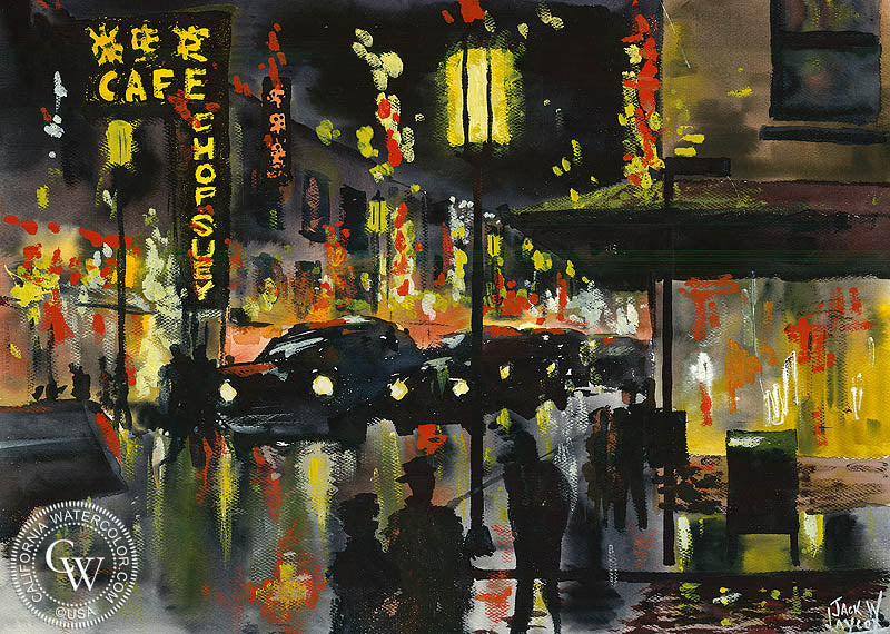 Chop Suey, Chinatown, watercolor painting by Jack Laycox (American art). Original watercolor painting by California Watercolor for wall decor.