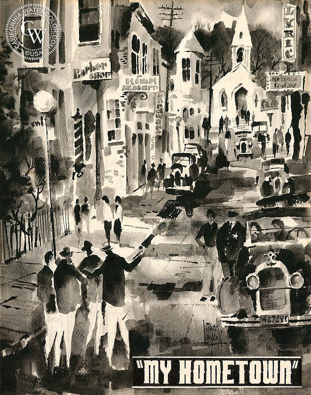 My Hometown, watercolor painting by Jack Laycox (American art). Original watercolor painting by California Watercolor for wall decor.