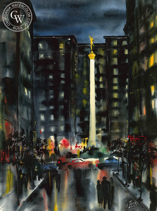Union Square, watercolor painting by Jack Laycox (American art). Original watercolor painting by California Watercolor for wall decor.