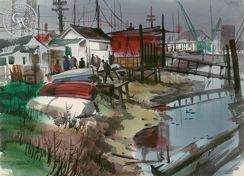 Fisherman's Galley, c. 1960s, watercolor painting by Jade Fon  (American art). Fine art giclée print reproduction by California Watercolor for wall decor.