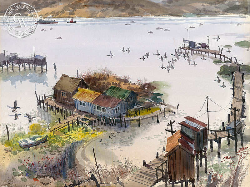 Benicia Fishing Shacks, watercolor painting by Jade Fon  (American art). Fine art giclée print reproduction by California Watercolor for wall decor.