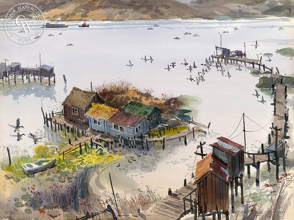 Benicia Fishing Village, California art by Jade Fon. HD giclee art prints for sale at CaliforniaWatercolor.com - original California paintings, & premium giclee prints for sale