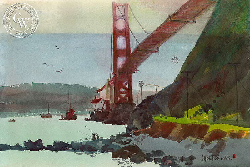Golden Gate, watercolor painting by Jade Fon  (American art). Fine art giclée print reproduction by California Watercolor for wall decor.