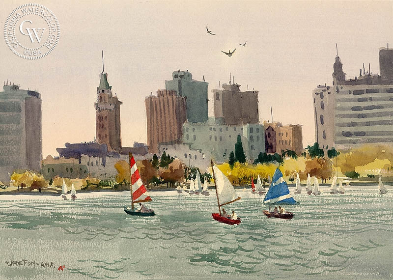 Lake Merritt, Oakland California, watercolor painting by Jade Fon  (American art). Fine art giclée print reproduction by California Watercolor for wall decor.