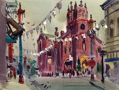 St. Mary's, Chinatown, c. 1940's, California art by Jade Fon. HD giclee art prints for sale at CaliforniaWatercolor.com - original California paintings, & premium giclee prints for sale